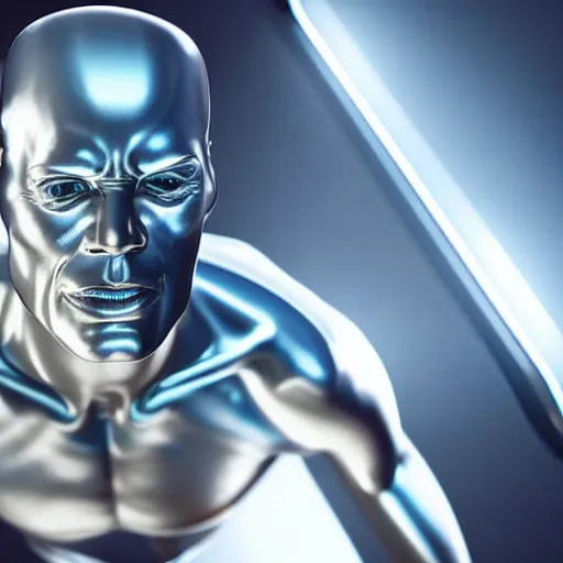 Image similar to still photo of silver surfer, highly detailed, photorealistic portrait, bright studio setting, studio lighting, crisp quality and light reflections, unreal engine 5 quality render