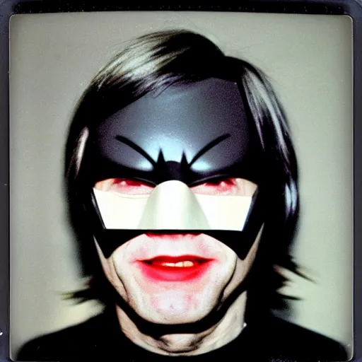Prompt: Polaroid Portrait of Andy Warhol wearing a 1960s Batman Mask, taken in the 1970s, photo taken on a 1970s polaroid camera, grainy, real life, hyperrealistic, ultra realistic, realistic, highly detailed, epic, HD quality, 8k resolution, body and headshot, film still, front facing, front view, headshot and bodyshot, detailed face, very detailed face