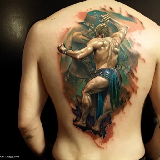 Prompt: picture of a brand new tattoo on my back of chris redfield, by gaston bussiere, craig mullins, greg rutkowski, alphonse mucha