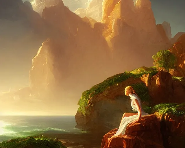 Prompt: an oil painting of a woman sitting on a rock overlooking an island, a digital painting by thomas cole, cgsociety, metaphysical painting, 2 d game art, storybook illustration, detailed painting