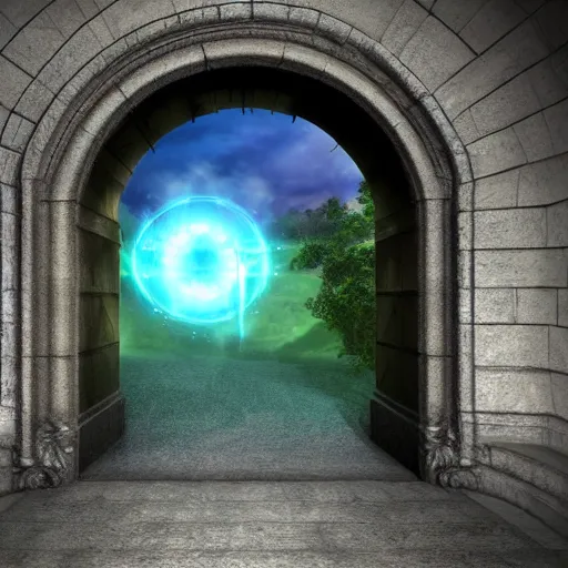 Image similar to a majestic portal to another dimension. an ethereal castle is visible through the portal. hd digital art