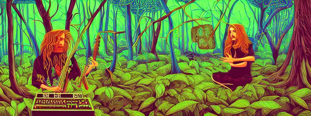 Image similar to a technogaianist long-haired blonde digital musician playing modular synthesizer in the forest, technology and nature in harmony, postmodern surrealist psychedelic concert poster, grainy, hand drawn matte painting by Tara McPherson and Gary Houston, smooth, sharp focus, extremely detailed.