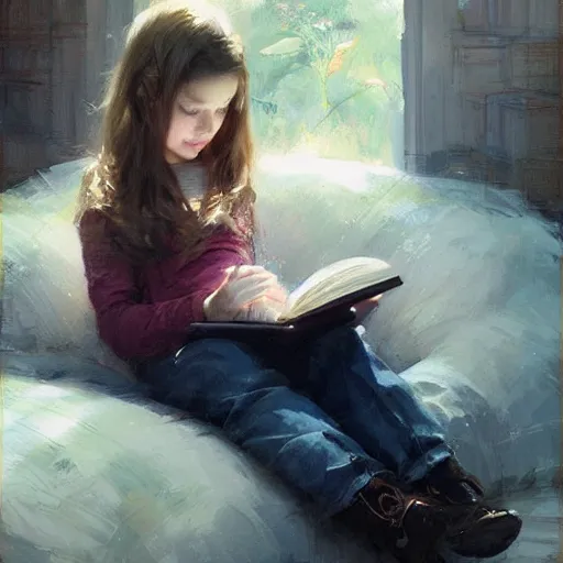 Image similar to young girl reading a book, highly detailed, digital painting, artstation, concept art, art by Daniel F. Gerhartz