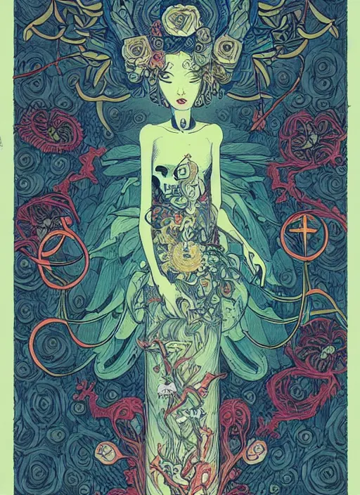 Prompt: beautiful tarot illustration of death, in the style of james jean and victo ngai, mystical colors, trending on artstation