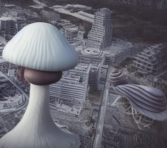 Prompt: a city built upside down from a cap of a giant mushroom. highly detailed 8 k. intricate. lifelike. soft light. nikon d 8 5 0. cinematic post - processing