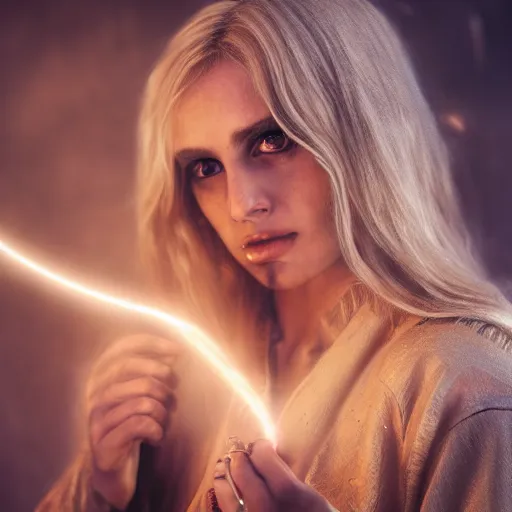 Image similar to beautiful blond sorceress girl casting a spell, in a destroyed city, moody lighting, 8 k, shallow depth of field, cinematic lighting,