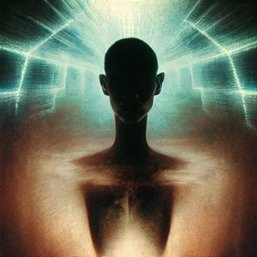 Image similar to expressive portrait of the digitally glitched soul, data, dramatic lighting, god rays, edges, universal background, facial expression, atmospheric lighting, motion design, by Beksinski, maze, sharp focus