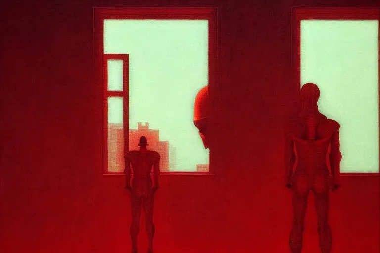 Image similar to only with red, a red samurai humanoid, tokio futuristic in background, yokai, in the style of beksinski, parts by edward hopper, parts by rodcenko, parts by yue minjun, intricate and epic composition, red by caravaggio, insanely quality, highly detailed, masterpiece, red light, artstation, 4 k