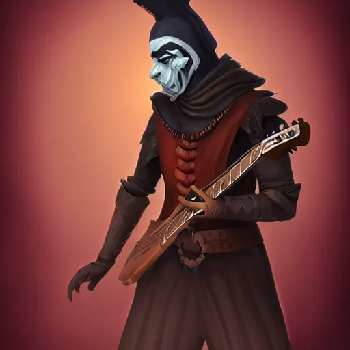 Image similar to a digital painting of a man wearing a mask playing a guitar, young handsome pale roma, grim dark jester from gwent cards, a character portrait by senior character artist, polycount, vanitas, sketchfab, speedpainting, zbrush