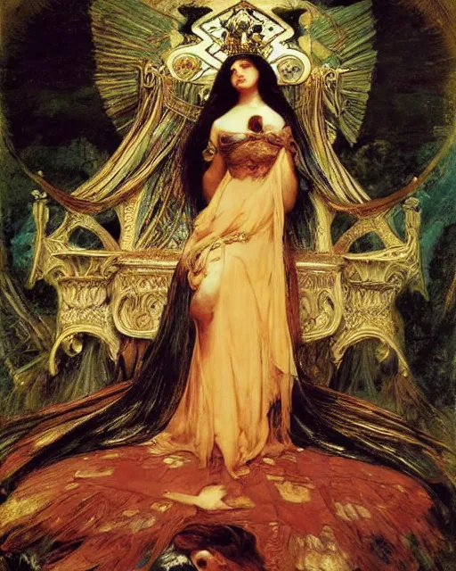 Prompt: an illustration of a queen on a throne at night by frederick arthur bridgman, by georgia o keeffe, by gustave moreau, by bouguereau, realistic, detailed, oil painting, 1 9 th