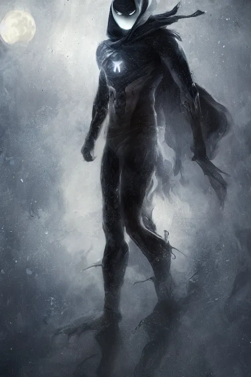 Image similar to characters portrait of Moon Knight mixed with Ghostrider by Alyssa Monks, full-shot, merged character, Full body shot, cinematic opening shot, 4k, highly detailed, cinematic lighting