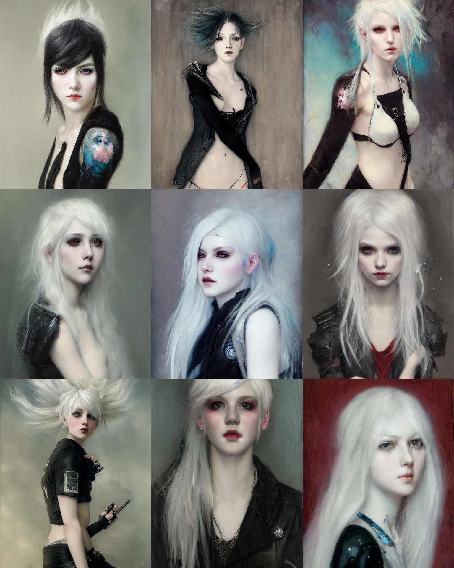Prompt: white-haired punk rock girl portrait by Edgar Maxence and Ross Tran