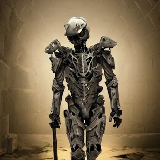 Image similar to a dusty skeleton!!!!! in futuristic marine armour in a dusty brick room