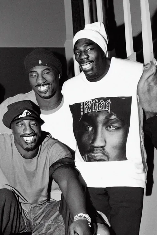 Prompt: Snapshot of smiling Tupac and Biggie on the staircase to Heaven