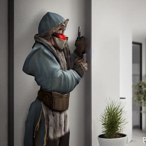 Image similar to medieval fantasy thief robbing modern home, photorealistic