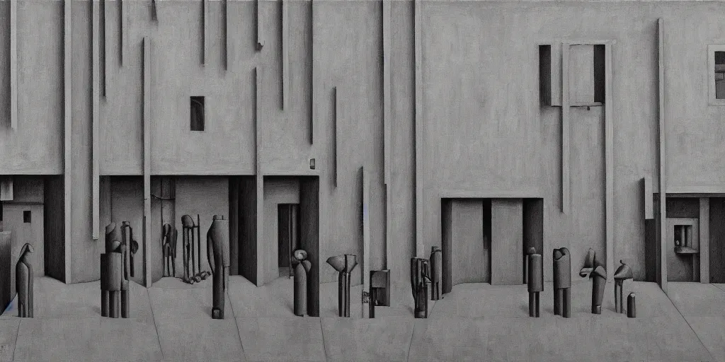 Prompt: red robots queue up in a stark grayscale brutalist town, street elevation, grant wood, pj crook, edward hopper, oil on canvas