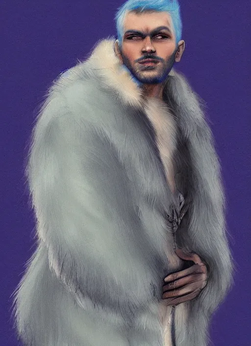 Prompt: portrait of a blue-skinned man wearing a fur coat, illustration, fantasy, by Bowater, Charlie, trending on ArtStation, masterpiece