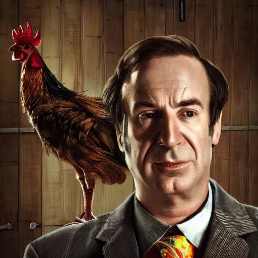 Image similar to saul goodman and a rooster in a saw movie torture chamber, horror movie background, saul goodman, rooster, photo