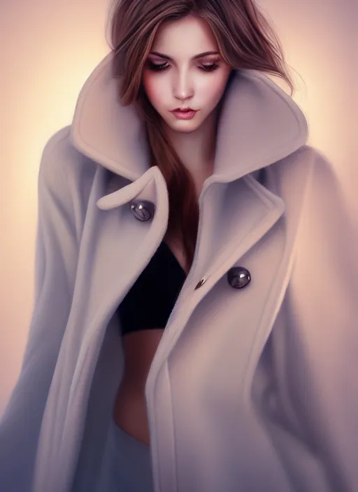 Image similar to a gorgeous female photo, professionally retouched, soft lighting, torso, legs, feet, long coat, realistic, smooth face, perfect eyes, wide angle, sharp focus on eyes, 8 k high definition, insanely detailed, intricate, elegant, art by artgerm, snowy winter