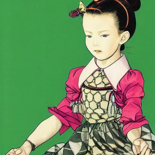 Prompt: little girl wearing an gucci's outfit. art by hirohiko araki, inspired by balthus, highly detailed, realistic,