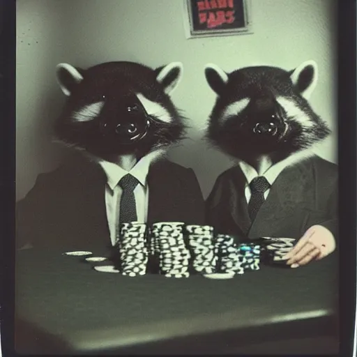 Image similar to ! polaroid photo of gangster raccoons in smokings, smooking cigar, playing poker, dollars on table