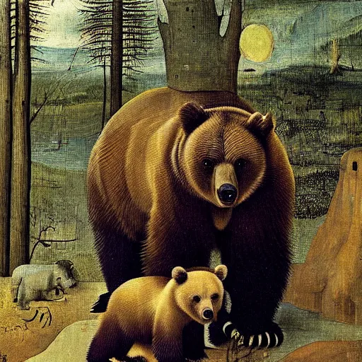 Image similar to a grizzly bear in the foreground, forest in the background, hieronymus bosch