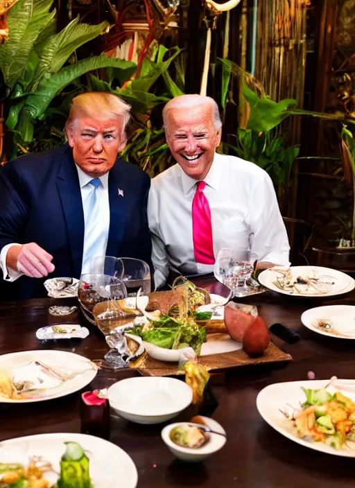 Image similar to Trump and Biden having dinner at a fancy Balinese restaurant, award winning photography, sigma 85mm Lens F/1.4, perfect faces