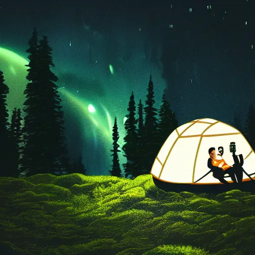 Image similar to photograph of an astronaut sitting inside a small tent at night, in heavy rainfall, alien planet, portrait picture, trees, forest, ferns, moss, wet, astronaut is relaxing