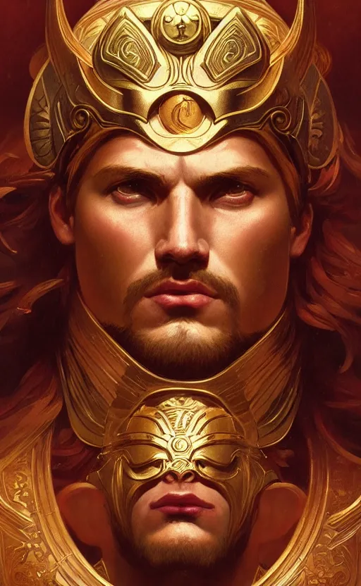 Image similar to portrait of the god ares, greek mythology, intricate, headshot, highly detailed, digital painting, artstation, concept art, sharp focus, cinematic lighting, illustration, art by artgerm and greg rutkowski, alphonse mucha, cgsociety