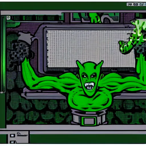 Prompt: green goblin, early computer graphics