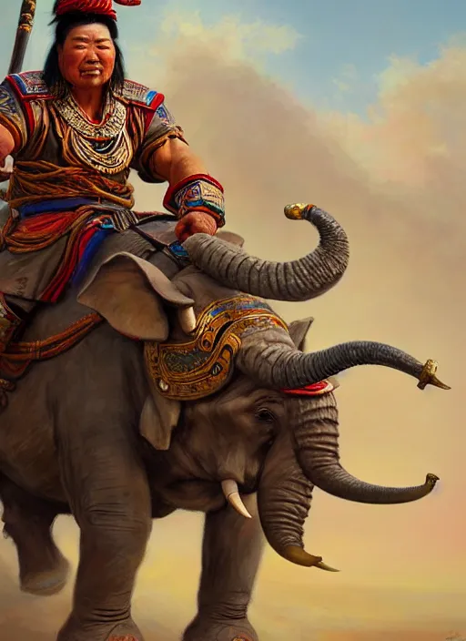 Prompt: portrait of a tai ethnic warlord rides an asian war elephant with emotional movement in the battlefield, closeup portrait, historical, tai ethnic decoration, elegant, loin cloth, highly detailed, oil painting, artstation, concept art, matte, sharp focus, illustration, hearthstone, art by earl norem