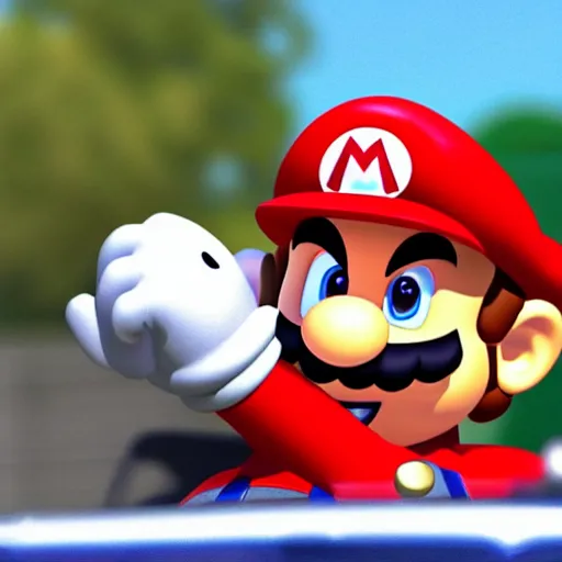 Image similar to mario mario driving a car, ultra realistic