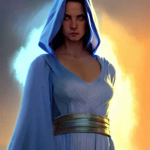 Image similar to full body portrait, young and beautiful female high wizard in blue robes, dramatic lighting, cinematic, establishing shot, extremely high detail, photo realistic, cinematic lighting, post processed, concept art, artstation, matte painting, style by eddie mendoza, raphael lacoste, alex ross, greg rutkowski