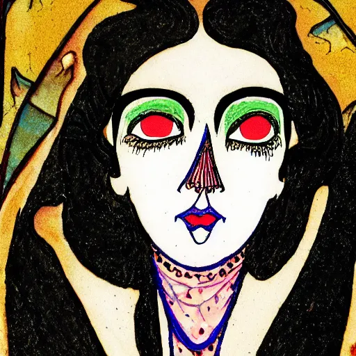 Image similar to illustration of a woman's face from front in style of harry clarke