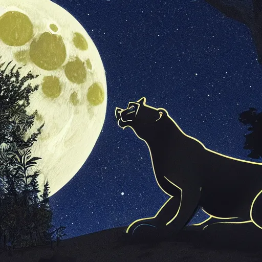 Image similar to a panther roaring at the moon in a forest during the night, large moon in the center. artistic. illustration. 4 k. cinematic. photoreal. dark colors. night.