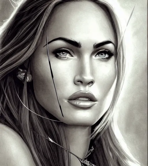 Image similar to portrait of beautiful megan fox as greek goddess aphrodite as an archer, arrow crown, beautiful piercing eyes, flowing blonde hair, realistic face, black and white drawing, in the style of greg rutkowski, fantasy, amazing detail, epic, intricate, elegant, smooth, sharp focus