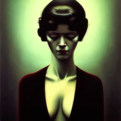 Image similar to portrait of woman from 2 0 s decade of xx century, dark atmosphere, lynchian, film noir, concept art, art by kuvshinov ilya and zdislav beksinski and wayne barlowe