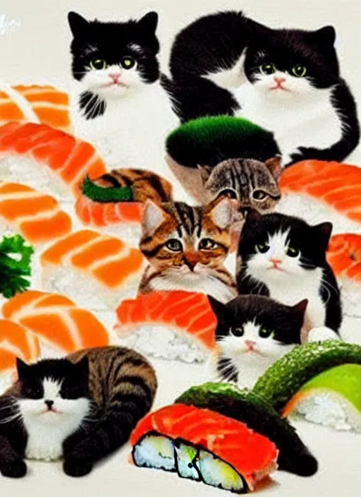 Image similar to clear photorealistic picture of adorable cats made out of sushi