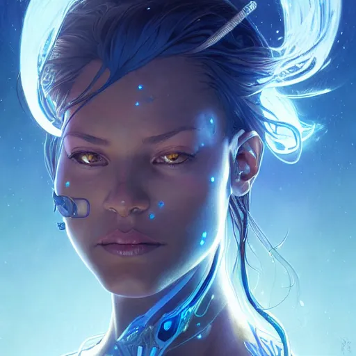 Image similar to cyborg, female, fantasy, bioluminiscence, flowing hair, portrait, highly detailed, digital painting, beautiful eyes, symmetry, concept art, sharp focus, illustration, art by artgerm and greg rutkowski and magali villeneuve and ilya kuvshinov! : : alphonse mucha : : - 0. 2