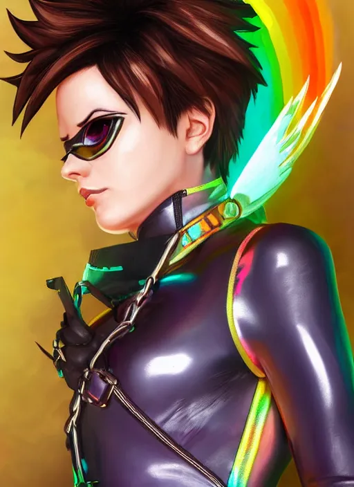Image similar to portrait bust digital artwork of tracer overwatch, wearing iridescent rainbow latex and leather straps catsuit outfit, makeup, in style of mark arian, angel wings, wearing detailed leather collar, chains, black leather harness, detailed face and eyes,