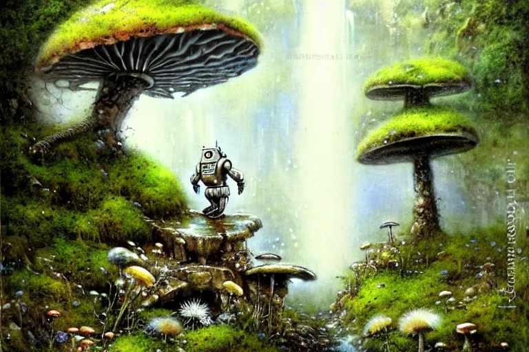 Prompt: adventurer 1 9 5 0 s retro future robot android primate in forrest of giant mushrooms, moss and flowers stone bridge waterfall. muted colors. by jean baptiste monge