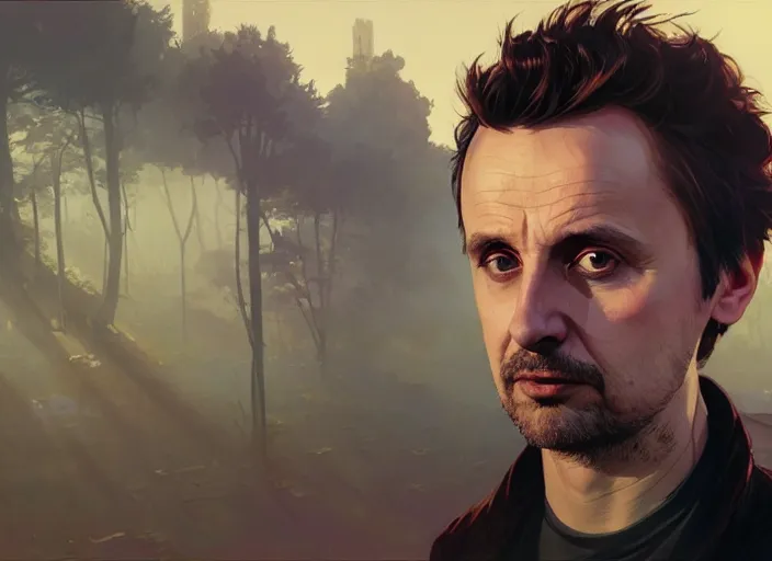 Image similar to highly detailed portrait of matthew bellamy, in gta v, stephen bliss, unreal engine, fantasy art by greg rutkowski, loish, rhads, ferdinand knab, makoto shinkai and lois van baarle, ilya kuvshinov, rossdraws, tom bagshaw, global illumination, radiant light, detailed and intricate environment