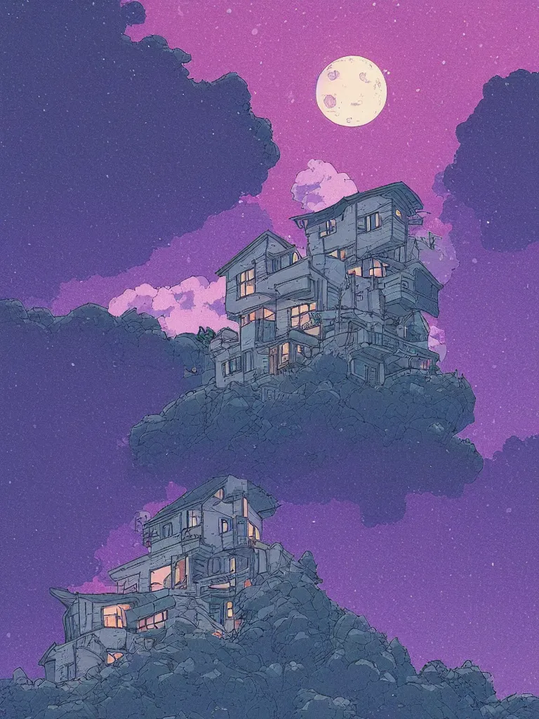 Prompt: a digital art of a small house on the cliff, a huge icy blue moon, a purple sky full of small stars, by laurie greasley, artstation, studio ghibli color scheme