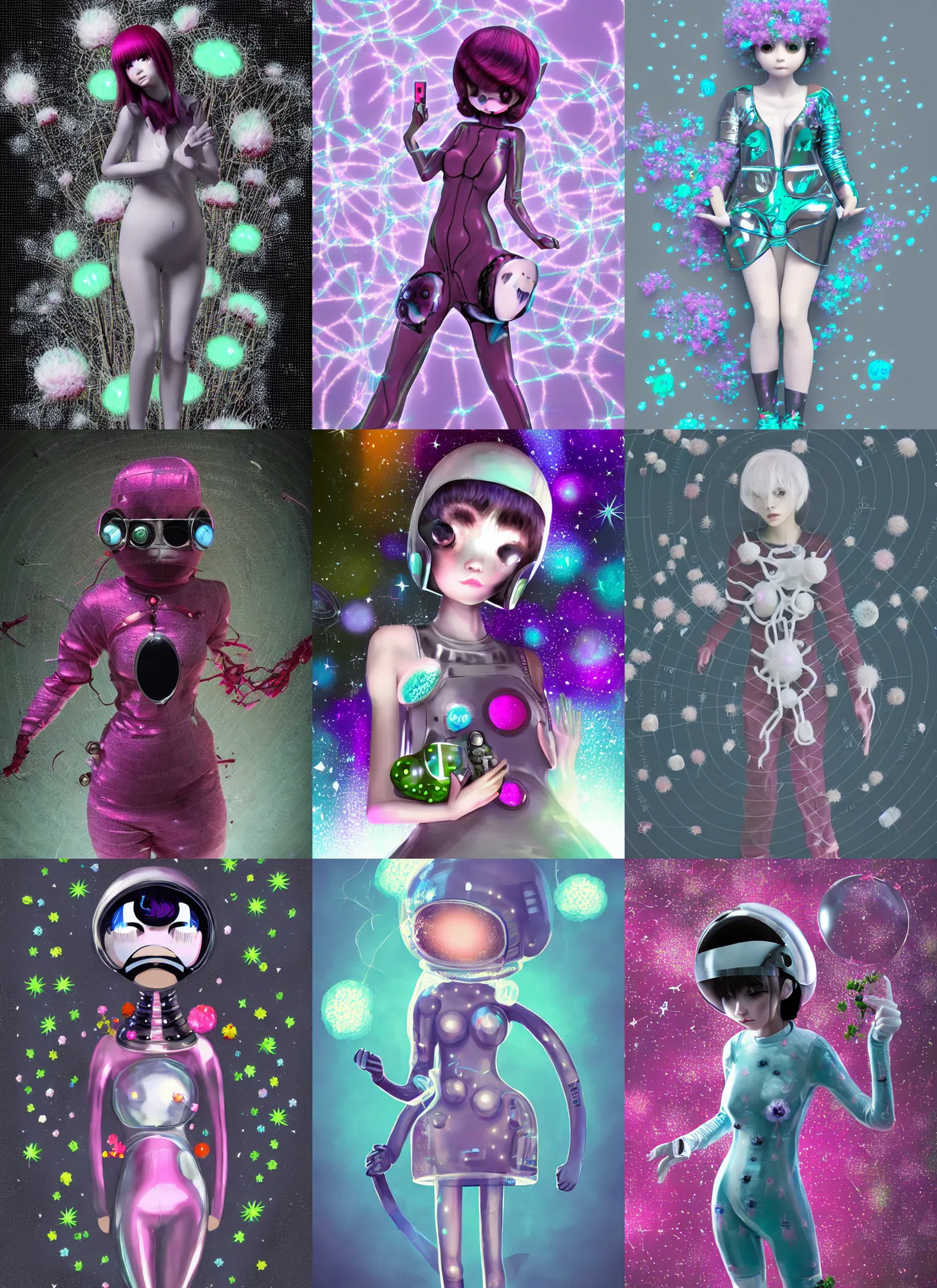 Prompt: hyper render - kawaii portrait ( space suit, chrome, porcelain, forcefield, ramona flowers ) fetal fisted for revolution in network berry and suit holds gossamer polyp fungal flowers, dress, ryden, odilon, borg