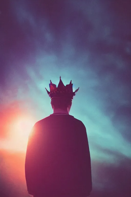 Prompt: agfa vista 4 0 0 photograph of a guy wearing an elaborate tall gothic crown, back view, synth vibe, vaporwave colors, lens flare, moody lighting, moody vibe, telephoto, 9 0 s vibe, blurry background, grain, tranquil, calm, faded!,