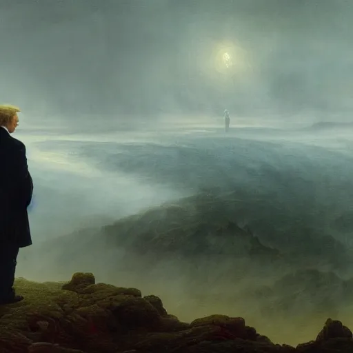 Prompt: donald trump in anguish a desolate misty landscape, painted by caspar david friedrich and greg rutkowski, - 9