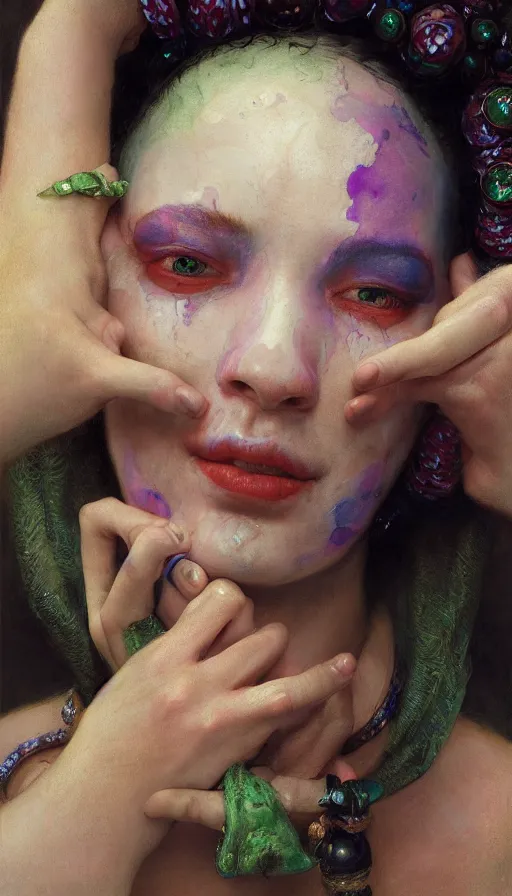 Prompt: epic masterpiece portrait of a female jester, sweaty skin, hyperrealistic, octane render, cinematic, beautiful face and flawless skin, perfect hands, emeralds by Edgar Maxence and Ross Tran and Michael Whelan, Legends of Runeterra