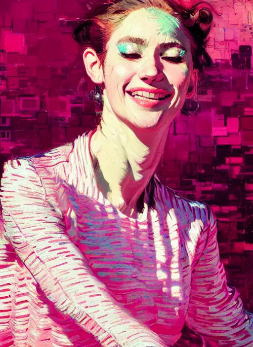 Prompt: portrait of a beautiful girl, smiling, ecstatic, dancing, eyes closed, open mouth, shades of pink, beautiful face, rule of thirds, intricate outfit, spotlight, by greg rutkowski, by jeremy mann, by francoise nielly, by van gogh, digital painting