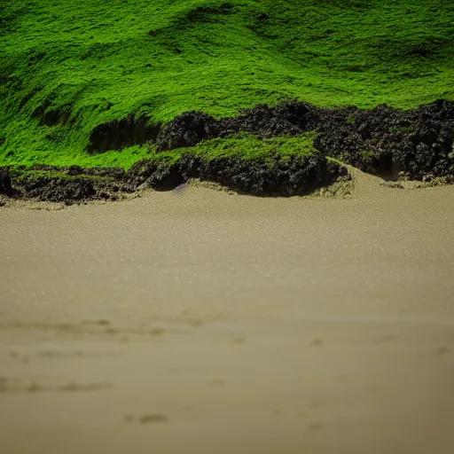 Image similar to photography of a beach, green sand, green ocean, green sky