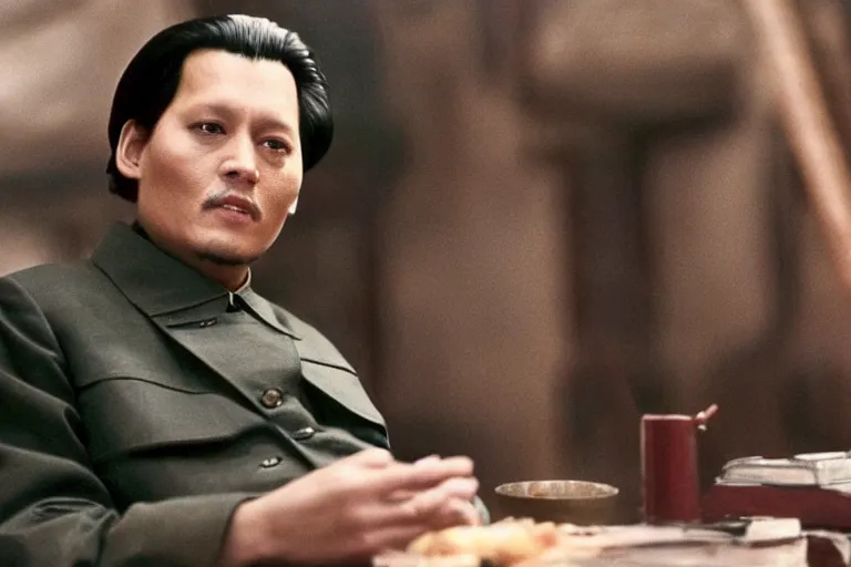 Image similar to Johnny Depp as Mao Zedong in 'China!' (2024), movie still frame, promotional image, imax 70 mm footage, oscar nominated cinematography, volumetric lighting, 8k resolution